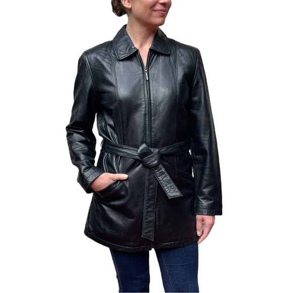 JULIET MICHELLE Y2K LAMBSKIN SHORT BELTED BLACK LEATHER ZIP UP TRENCH CAR COAT - Picture 1 of 15